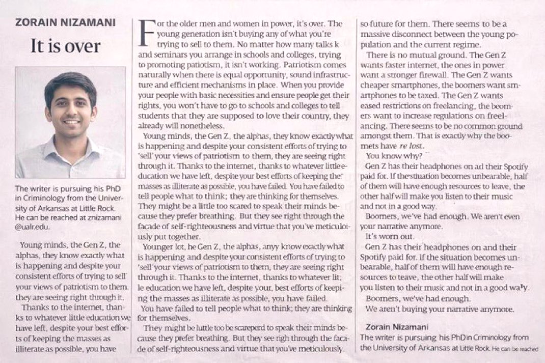 agentjay2009's tweet image. What a brilliant article by Zorain Nizamani (PhD Student) - This article is taken off from @etribune website most likely because it is calling all DG ISPR visits to universities a wasteful exercise because the Youth is not fooled by their propaganda. 

Here are some brilliant…