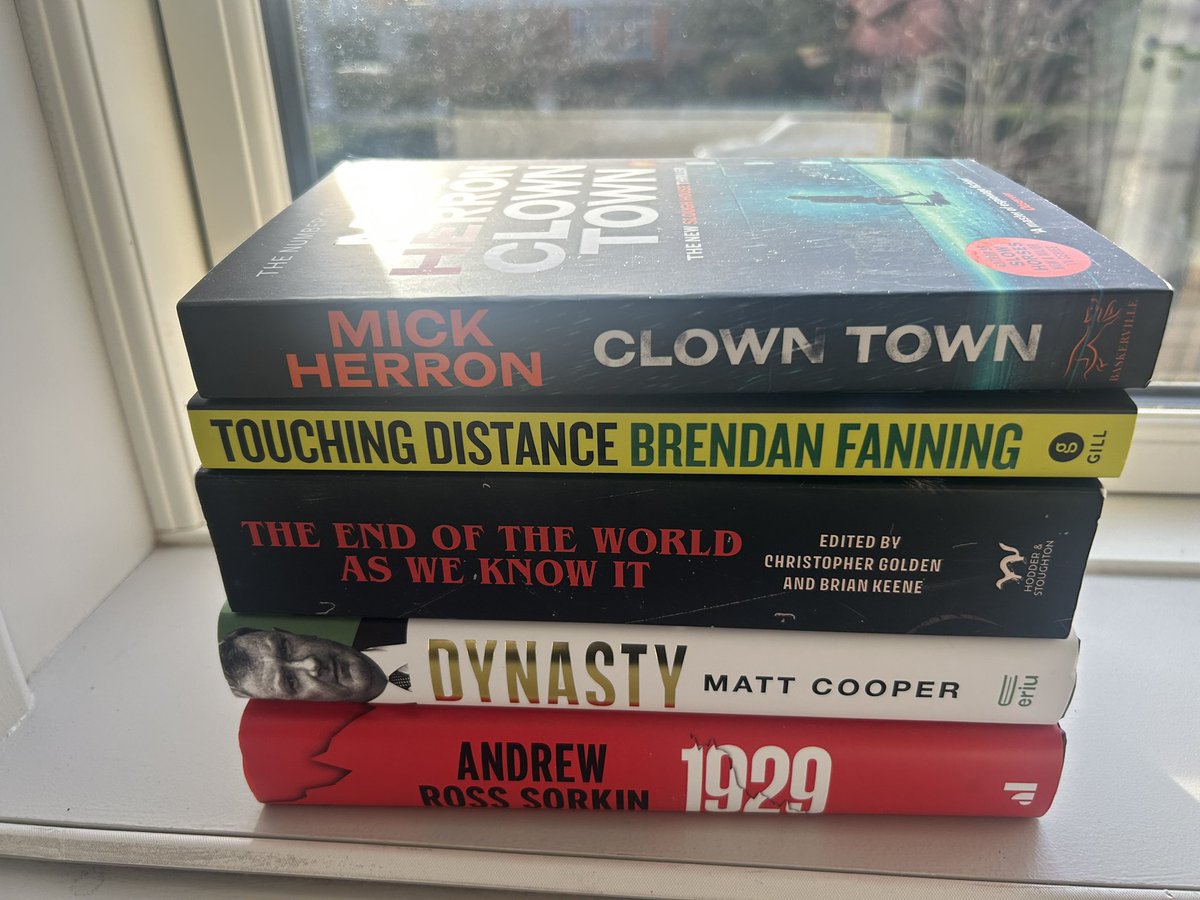 The books getting me through Christmas and NY - <a href="/andrewrsorkin/">Andrew Ross Sorkin</a> ‘s “1929” reads like a contemporaneous account; <a href="/cooper_m/">Matt Cooper</a> ‘s latest; A <a href="/StephenKing/">Stephen King</a> inspired collection; <a href="/BrendanFanning/">Brendan Fanning</a> 2nd volume covering Irish Rugby over last 25 years; and the latest from Mick Herron