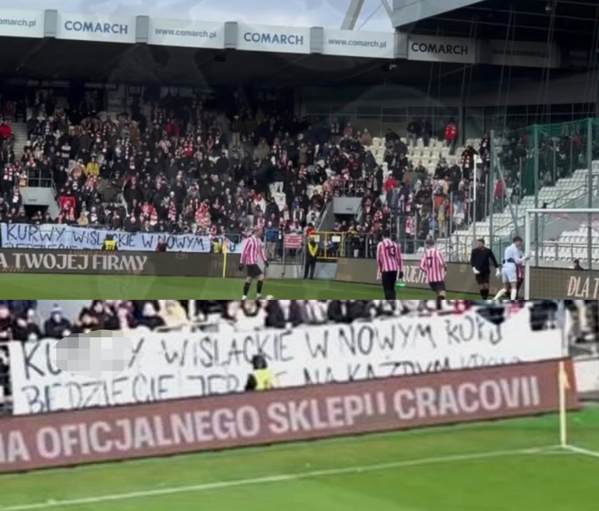 Transparent kibiców Cracovii na dzisiejszym treningu noworocznym.