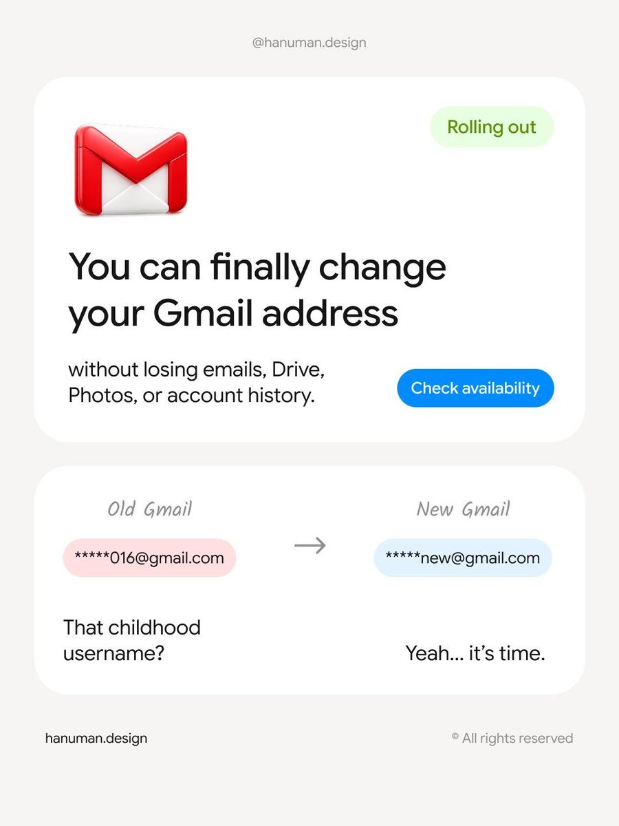 finally... google lets you change your gmail address

without losing emails, drive files, photos, or history

new gmail becomes primary 

old one still works as an alias

limit: once per year, max 3 times rolling out slowly