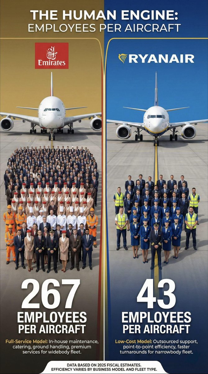 Brutal truth about airlines: Emirates has 267 employees per plane(a small army) . Ryanair? Gets by with basically a soccer team(43) Just 43. No wonder tickets are cheap af on Ryanair.