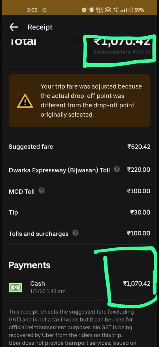 aryannk47's tweet photo. Uber Scammed Us We Booked a cab It showed us around 214₹ For 8km But At The End of ride They Charged us 1070₹ by adding toll charges and changed original price to ₹600 BTW there was no toll or highway @Uber_India fix this and refund me #scam #uber #cab https://t.co/LmBrglhPiO