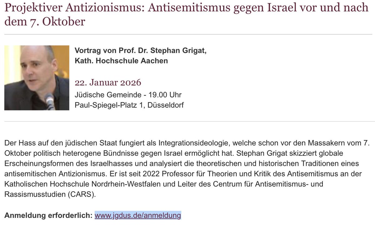 Für Stephan Grigats Vortrag zu dem bei Nomos erschienenen Band "Projektiver Antizionismus: Antisemitismus gegen Israel vor und nach dem 7. Oktober" in der Jüdischen Gemeinde Düsseldorf ist eine namentliche Anmeldung erforderlich: jgdus.de/anmeldung