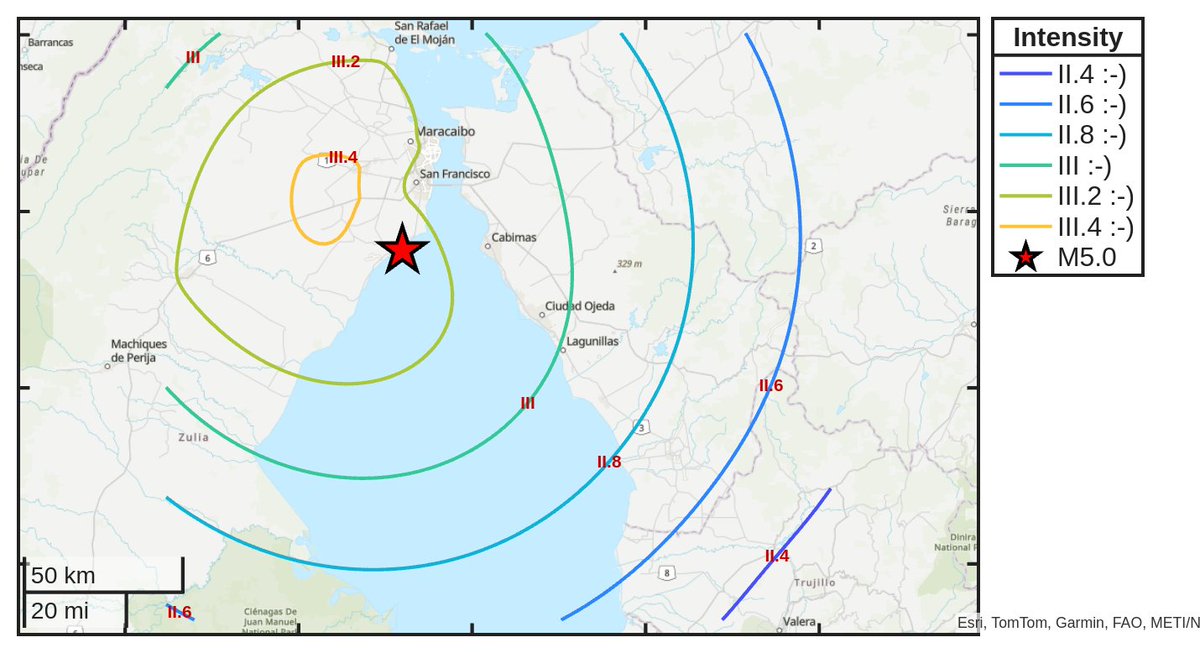 SismoDetector's tweet image. Mapa de intensidad del #sismo M5.0 ocurrido a las 12:37:10 (UTC) con epicentro a 28 km de #Maracaibo, Venezuela. Descarga la app Sismo Detector desde sismo.app/es/download para recibir alertas en tiempo real en tu smartphone