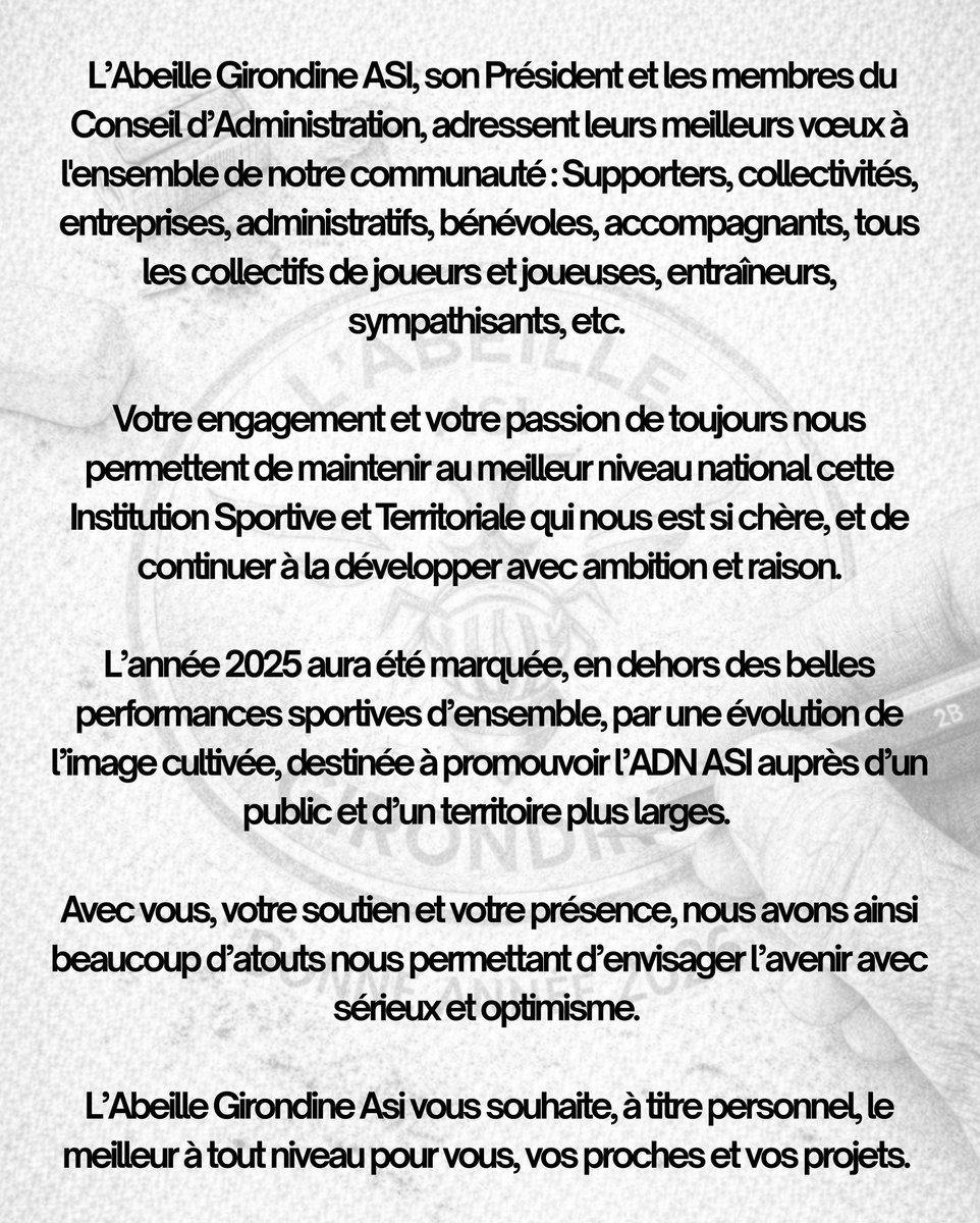 [ÉCRIRE 2026 ENSEMBLE 🐝]

🙏 L’Abeille Girondine ASI adresse ses meilleurs vœux à toute sa communauté.

🔥 Votre engagement fait rayonner l’ADN ASI au niveau national.

🤝 Merci pour votre soutien. Cap sur 2026 avec ambition et optimisme.

#volleyball #sport #bonneannee