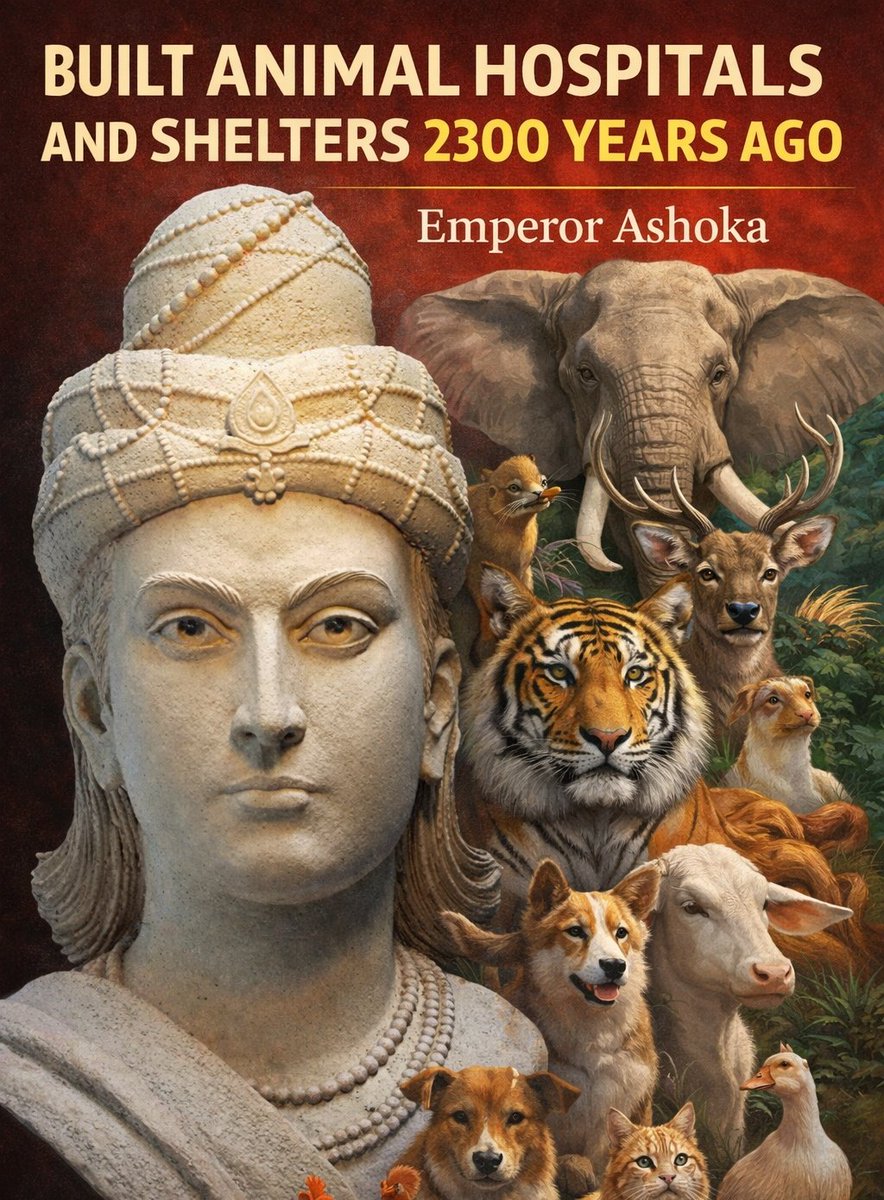 joedelhi's tweet photo. He is Ashoka the Great, Emperor of India / Bharat. 

2300 years ago he established the world's first known chain of veterinary hospitals for animals.

His hospitals must have been far better than what exists today @narendramodi @PMOIndia 

Also established shelters for old sick and infirm animals.

Edict Evidence: These actions are documented in the Major Rock Edict II inscribed rocks and pillars.
 
These measures were not limited to his own empire but were also extended to neighboring regions, including the kingdoms of the Cholas, Pandyas, Satiyaputras, Keralaputras, and even to the Greek king Antiochus II (Antiyoga).