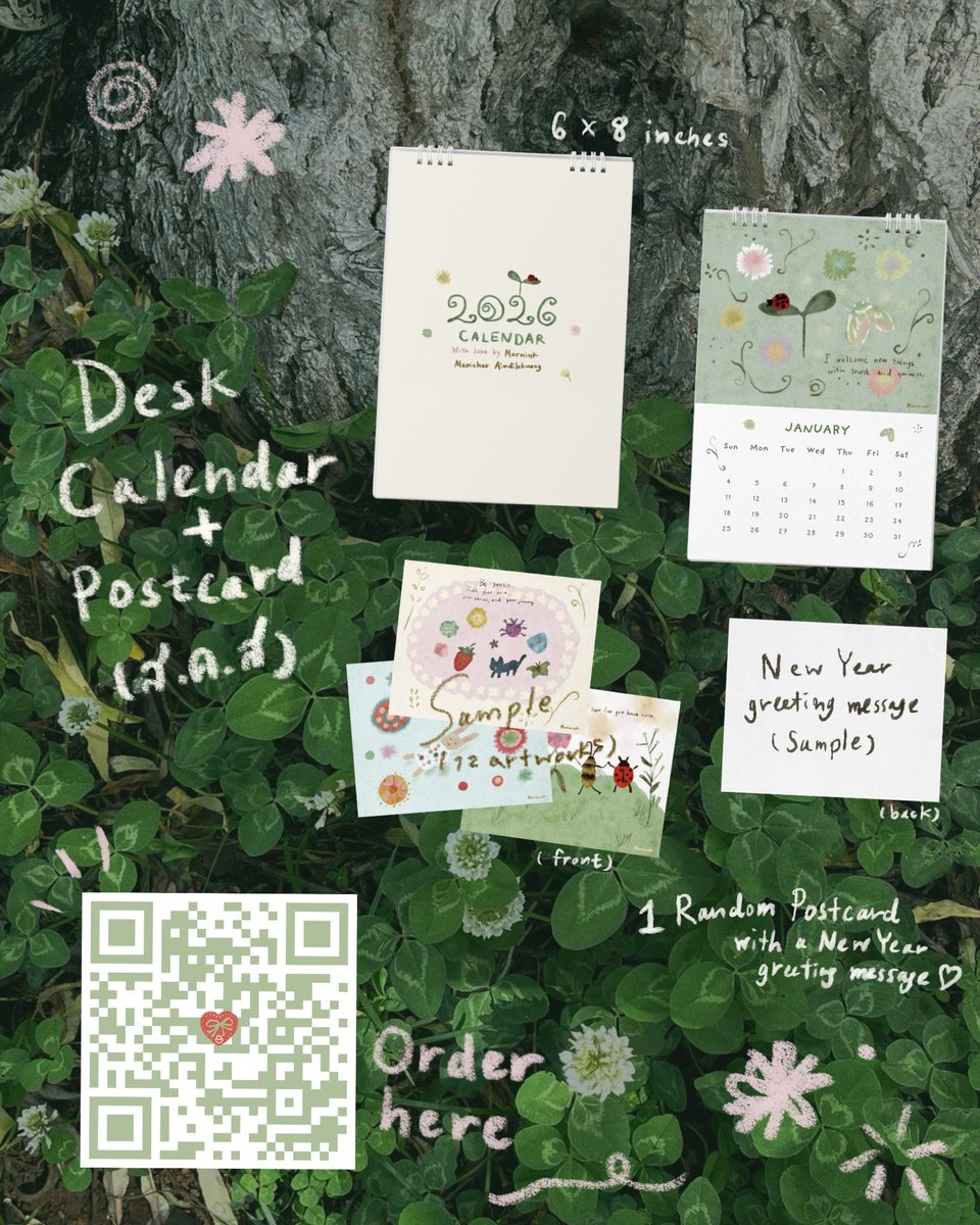 🗓️⋆˚꩜ 🌿2026 Calendar by Marmink 
🐞🖌️
Desk Calendar 
Includes: 1 Random Postcard with a New Year greeting message (ส.ค.ส.)

Price: 450.- (Free shipping 💌)
🖍️All artworks are digitally hand-drawn by Marmink.

Order here : forms.gle/MDii7gh8u2QZy8…
🚚 Shipping starts on 05/01 🙏🏼
