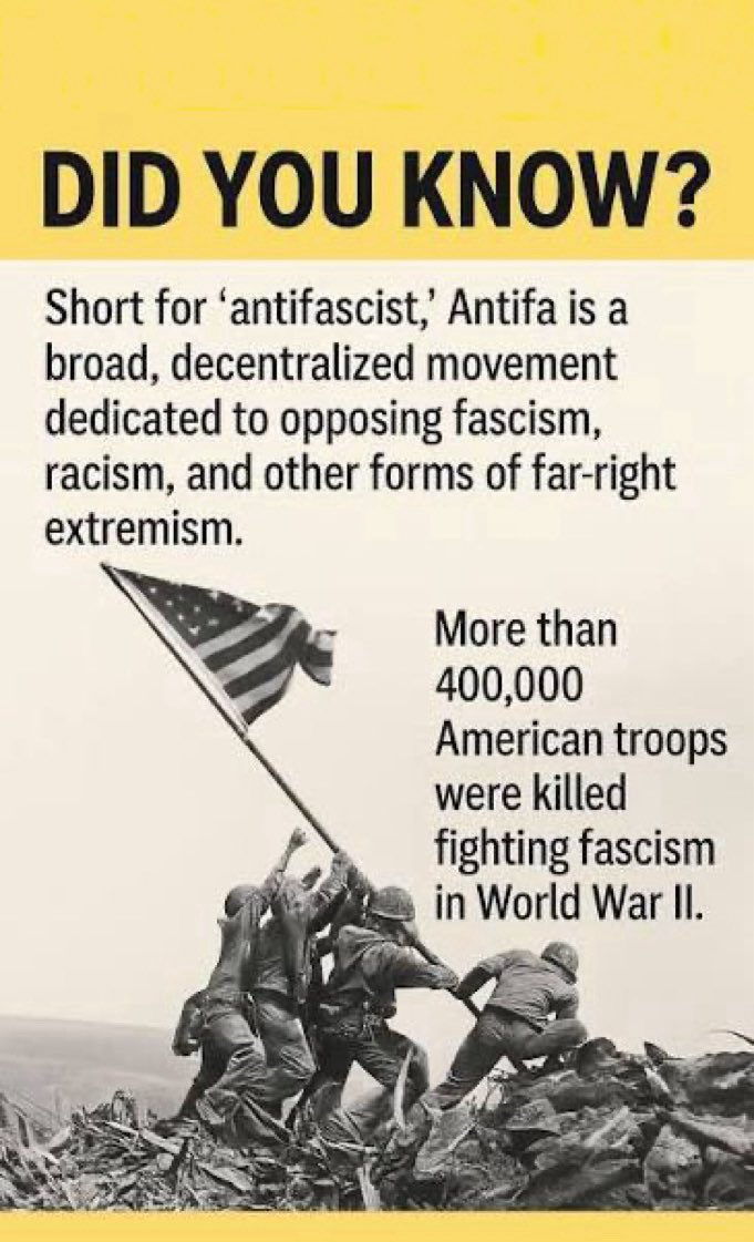 Jkineman's tweet photo. 🧵2/8
🇺🇸 ANTIFA. Remember from where it came and what it means…

ALL TRUE AMERICANS  ARE ANTI-FASCIST AND SO REJECT THE FASCIST TRUMP REGIME  
#FascistICE #FascistDHS #FascistTrump
#Antifa = #AntiFascism👇🏼 https://t.co/nbzm42isz9
