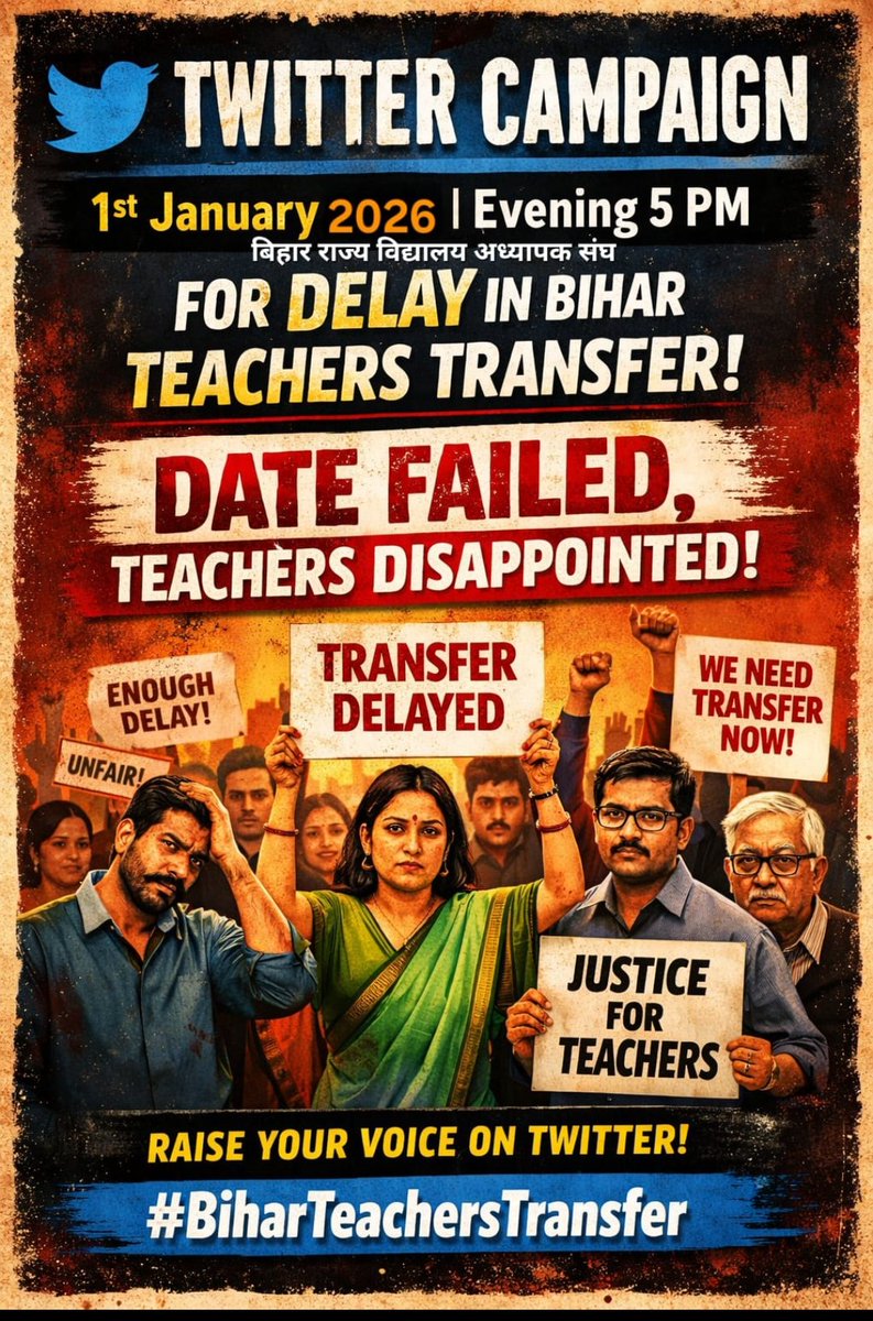 शिक्षक पिछले एक वर्ष से ट्रांसफर की प्रतीक्षा में हैं। हर बार नई नीति, नया भरोसा, लेकिन ज़मीनी बदलाव शून्य। अनुरोध है जनवरी 2026 तक सभी पेंडिंग ट्रांसफर पूर्ण किए जाएँ।
#BiharTeachersTransfer <a href="/sunilkbv/">Sunil Kumar</a> <a href="/NitishCares/">Nitish Cares</a> <a href="/NitishKumar/">Nitish Kumar</a> <a href="/samrat4bjp/">Samrat Choudhary</a> <a href="/IPRDBihar/">IPRD Bihar</a> <a href="/Jduonline/">Janata Dal (United)</a> <a href="/BiharEducation_/">Education Department, Bihar</a>