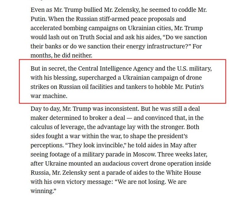 Laut NYT: Die CIA und das US-Militär haben mit Trumps ausdrücklicher Zustimmung (‘with his blessing’) heimlich ukrainische Drohnenangriffe auf russische Ölanlagen und Tanker intensiv unterstützt (‘supercharged’) – genau während er sich öffentlich als „Vermittler“ bei