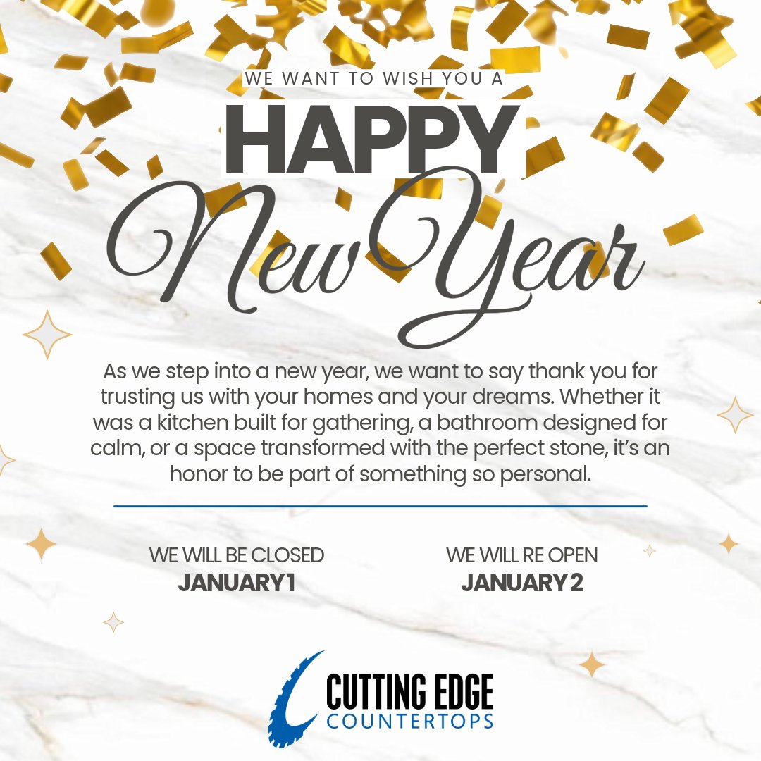 CECTOPS's tweet photo. Happy New Year from all of us at Cutting Edge Countertops✨

From our family to yours—here’s to a year filled with beautiful spaces, lasting quality, and new beginnings. 🏡💎

Warmest wishes,
The Cutting Edge Countertops Team

#WeveGotYouCovered™ #CuttingEdgeCountertops https://t.co/GVWtuVLo58