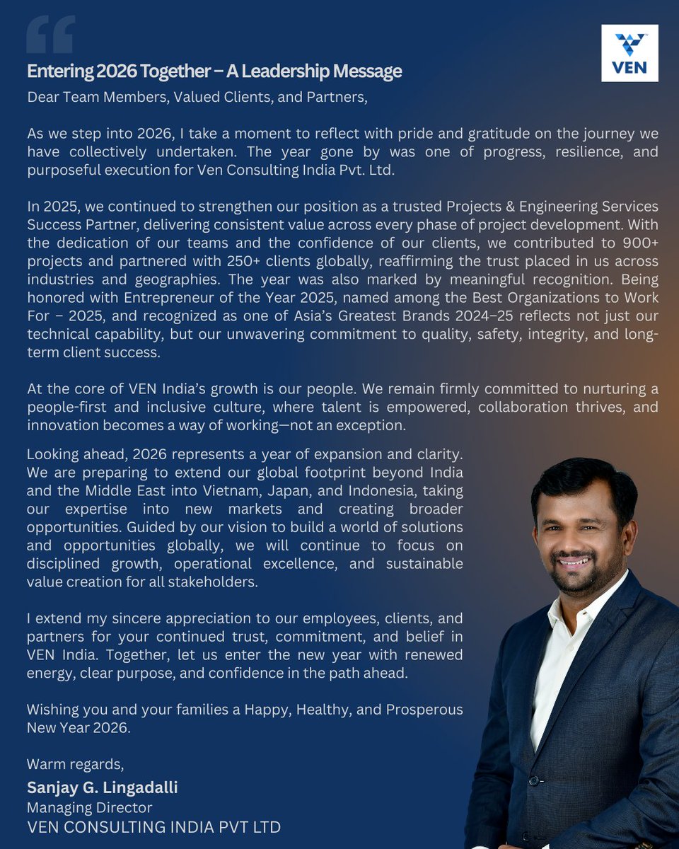 venconsulting's tweet photo. Welcoming 2026 with clarity, commitment, and a shared vision for growth.
A New Year message from our Managing Director.
#NewYear2026 #DirectorsMessage #Leadership #VEN https://t.co/pp1WlEh0k0
