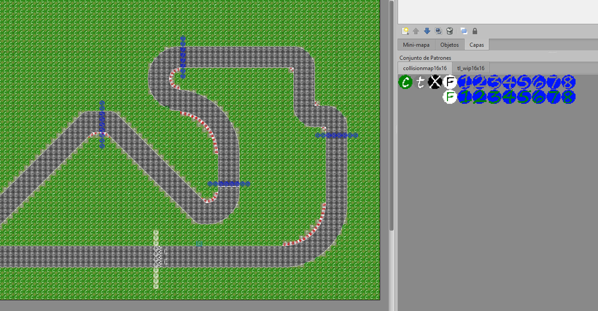 D23SC's tweet photo. I wanted to start adding real track behavior. Ended up painting a collision layer to define track, grass, walls and checkpoints directly in Tiled. Super easy to tweak and visualize. #tiled #aseprite #gamedev #indiedev #sgdk https://t.co/xOkRSkGaw0