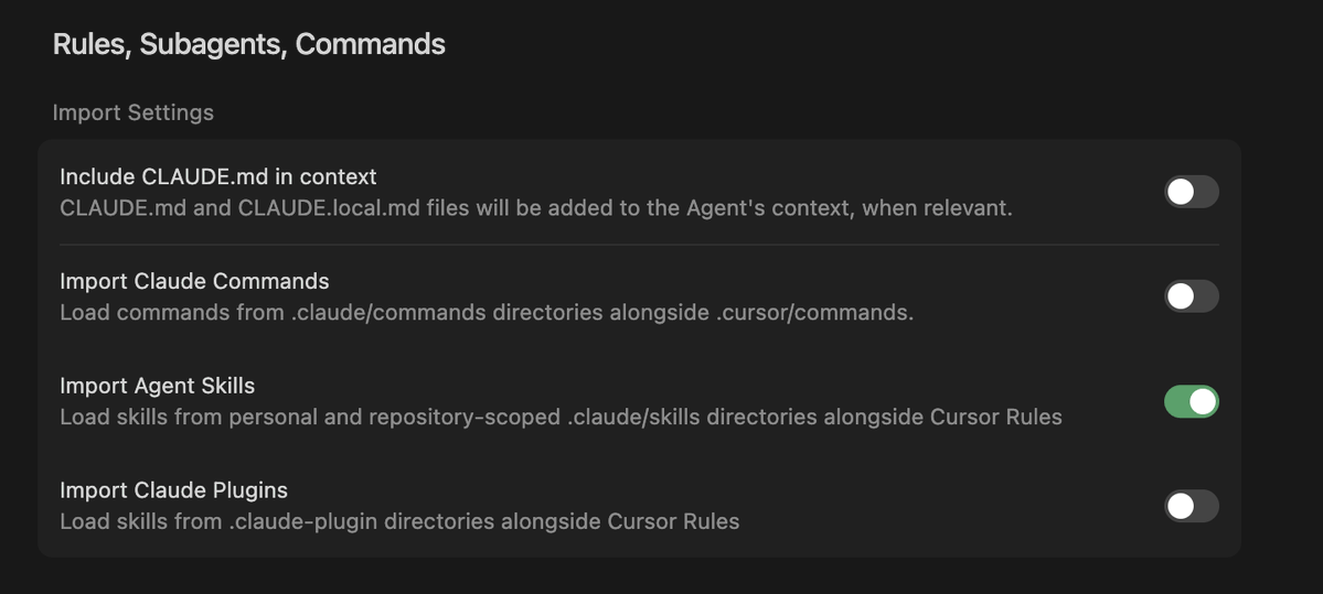 Cursor skills settings