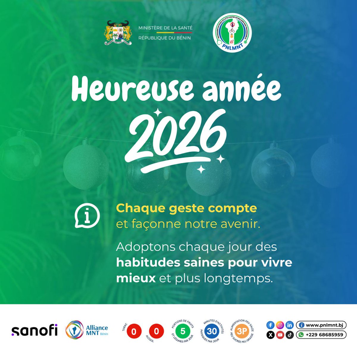 Bienvenue à 2026 !
Une nouvelle année s’ouvre, pleine de possibilités et de responsabilités partagées.

Que 2026 soit une année d’engagement, de constance et d’actions positives pour la santé de tous.