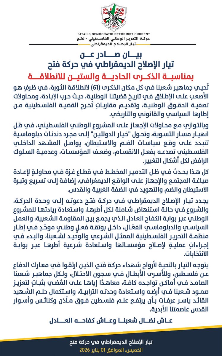 بيان صادر عن تيار الإصلاح الديمقراطي في حركة فتح 

(بمناسبة الذكرى الحادية والستين للانطلاقة)

عاش نضال شعبنا وعاش كفاحه العادل 
#تيار_الاصلاح_حركة_فتح #فتح61