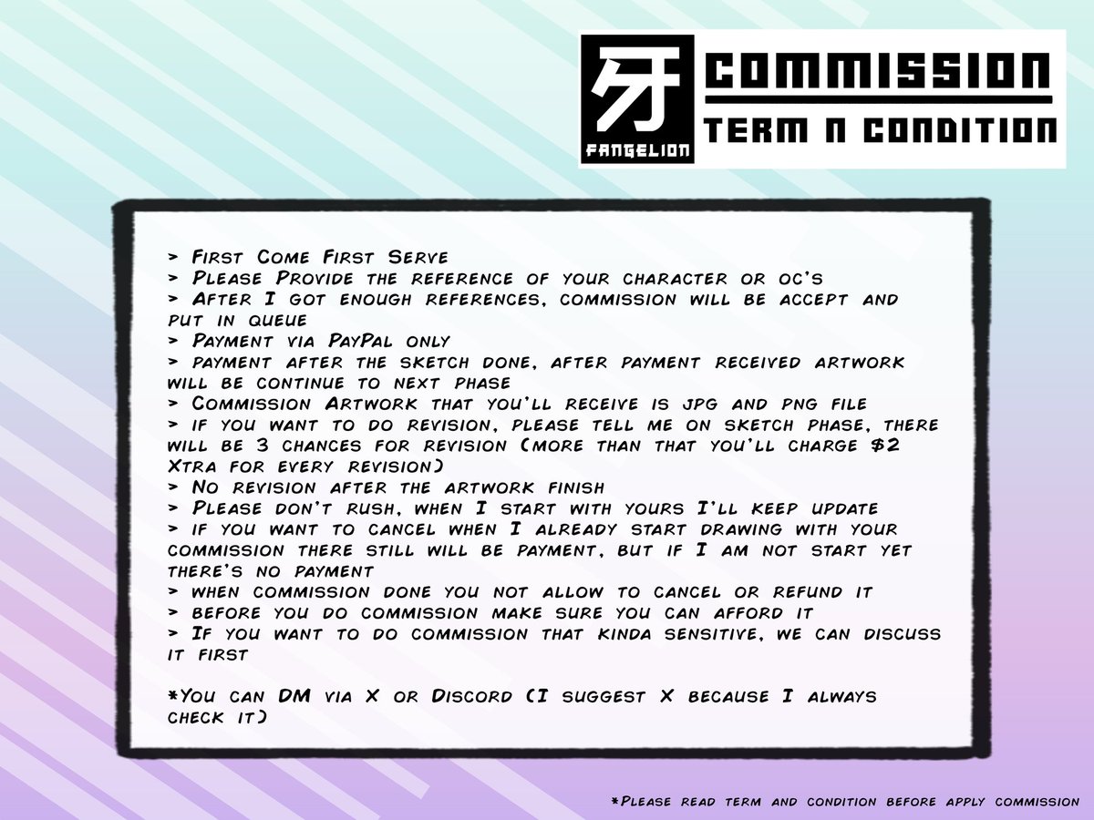 Fangelion's tweet photo. ✨ COMMISSION OPEN✨

Happy New Year!
 January Commission now open! 
this month i open for 7 slots!

we doing special promo now and you can see it in next post 😁

#commissionsopen
#commission
#commissionsheet https://t.co/ONI5bM3JyD