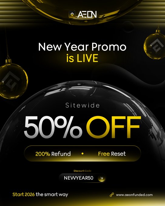 AeonFunded's tweet image. 🎉 NEW YEAR PROMO IS LIVE! 🎉

Start 2026 the smart way with serious capital behind you 🚀

🔥 50% OFF on all challenge sizes
🎁 10 × $25,000 Challenges GIVEAWAY (Total $250,000 in funding up for grabs)

💎 What you get:
✅ 50% Discount on every challenge
✅ 200% Refund on your…