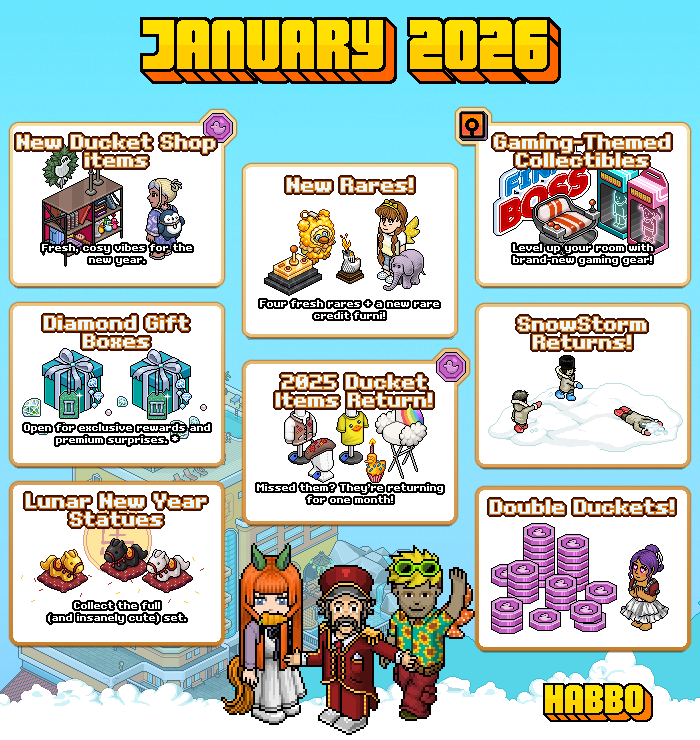 Habbo's tweet image. HAPPY NEW YEAR!

we’re easing into a quieter, more laid-back month in Habbo after all that seasonal chaos 😙

have a look at what’s coming up: