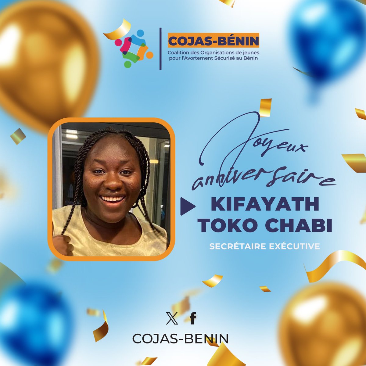La COJAS-Bénin célèbre Kifayath Toko Chabi, leader passionnée !

Merci pour ton dévouement constant pour les DSSR et la jeunesse béninoise. 

Que cette année t'apporte santé, force et succès.