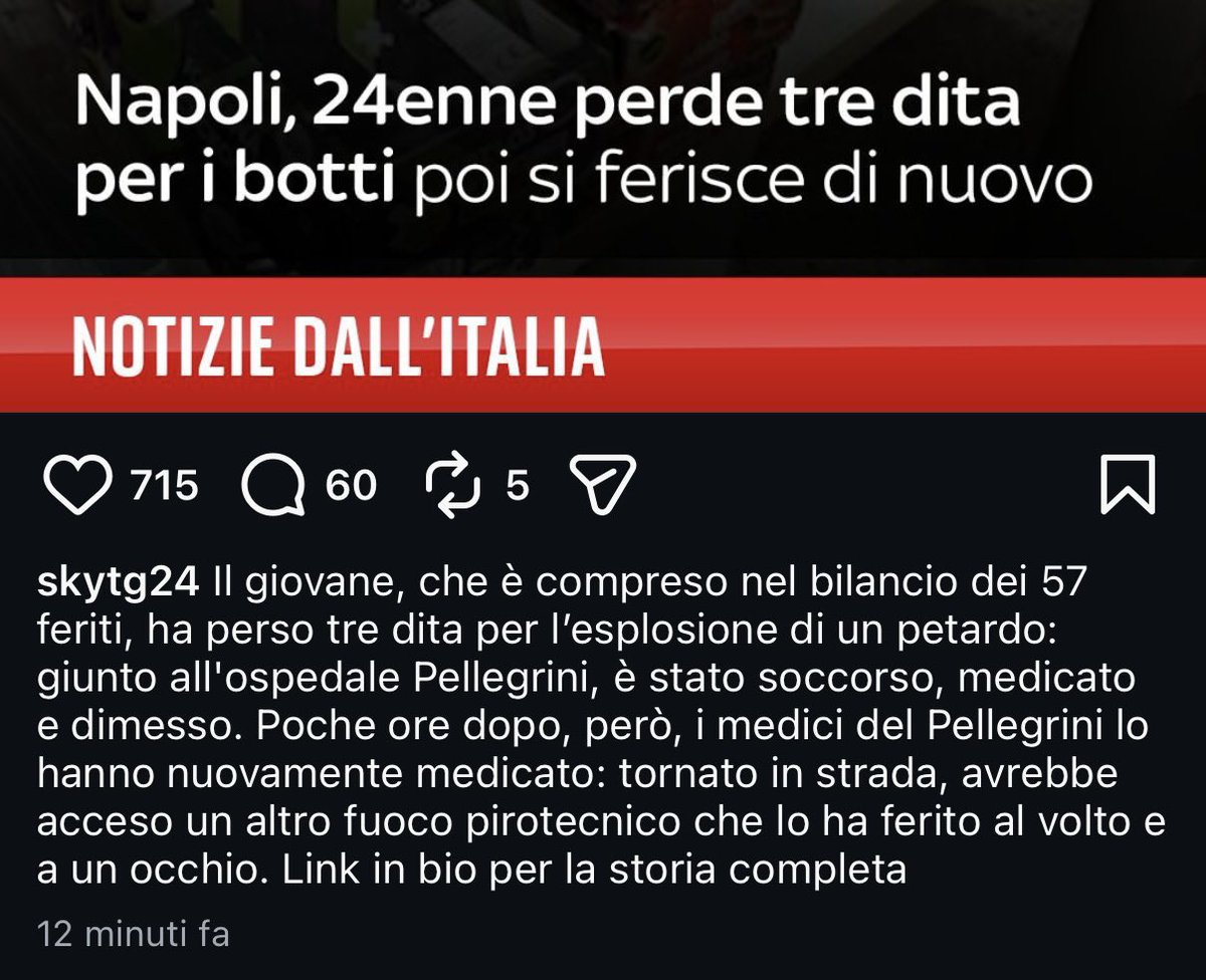 Va il PS, lo curano e lo dimettono in tempo per spare altri botti…
Ditelo se avete il coraggio che la sanità in Italia non funziona.