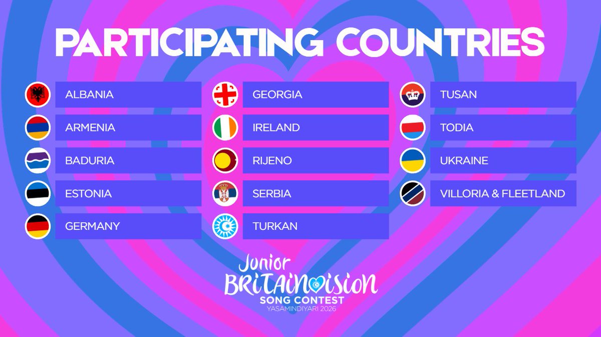 BritainvisionTV's tweet photo. We're excited to welcome 14 young artists from around Europe to Yasamindiyari, with a special welcome to our debuting nations Estonia, Georgia and Serbia! 💜🩷💙 https://t.co/EFs5OWnhR1