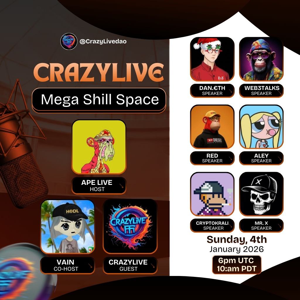 We’re kicking off the year with a Mega Shill Space you don’t want to miss.

Our host, <a href="/ApeIsLive/">Ape Live</a> will be co-hosting with @vainxzy

<a href="/Eth_Danx/">DAN.€TH</a>, <a href="/justprotocol/">Web3Talks 💜 | PW3</a>, <a href="/Redlion35/">RED⃫</a>, <a href="/worldofAley/">aley</a>, <a href="/CRYPTOKRALI3/">CRYPTOKRALI©️</a>, and <a href="/TheMrX/">Mr. X</a> who will be speaking on what to expect from CrazyLive this year.