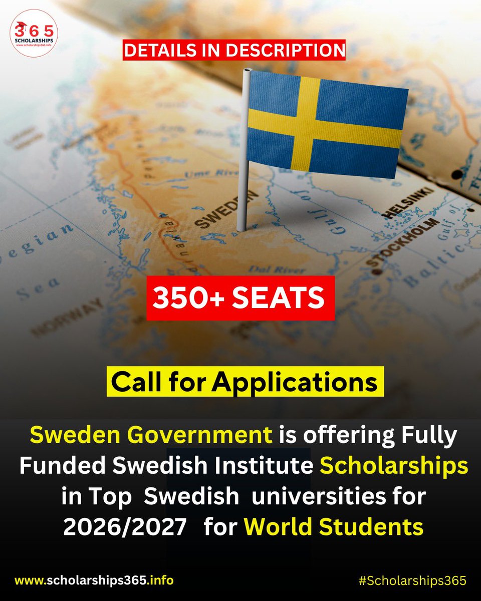 Fully Funded Sweden Government Scholarships 2026/2027 program for International Students from all over the world!

No Agent - Direct Apply

Degree: Multiple Degree Programs

Benefits:
1) Airfare
2) Full Tuition Fee
3) Living expenses of SEK 10,000/month 
4) Accommodation
5)