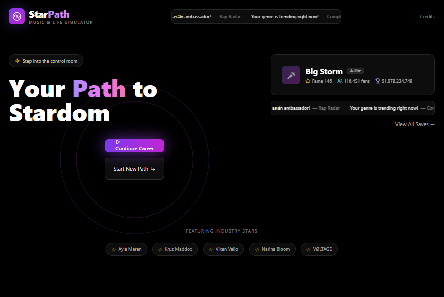 StarPathGame's tweet photo. StarPath V2 is here! 🚀 Visual/UI revamp, AI Save Assistant, Spinfluence (Payola), festivals, tours, music &amp; release systems, career lifecycles, acting/film careers, and more hidden features! Update now and explore the future of StarPath! https://t.co/djtGOxTazP