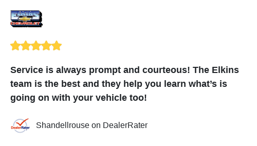 elkinschevy's tweet photo. We just received a great review on DealerRater. Thank you Shandellrouse! https://t.co/YWXArONrxW