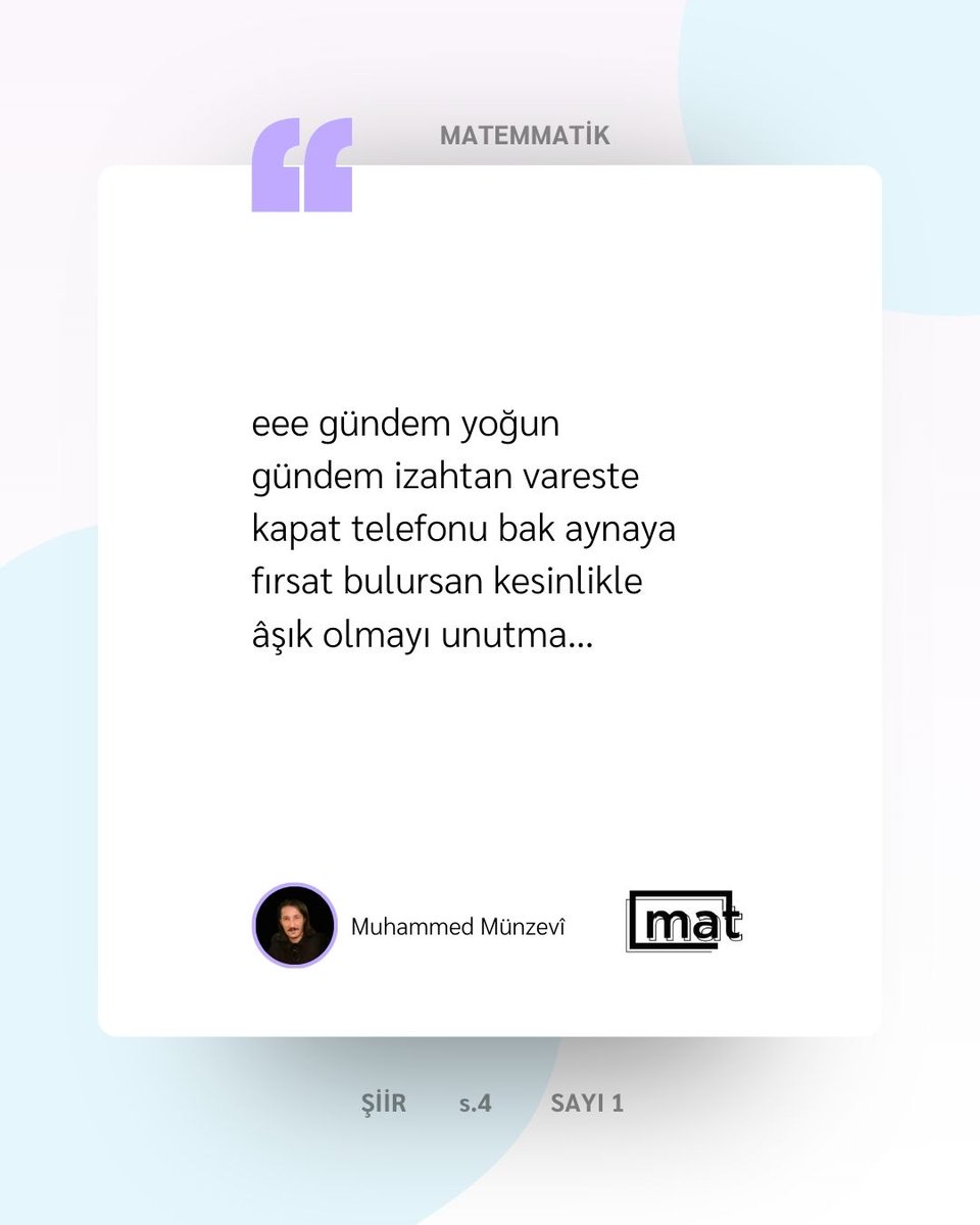 Muhammed Münzevî, "Matemmatik" adlı şiiriyle dergimizin ilk sayısında okurlarını selamlıyor. 

...

Mat Dergi, Ocak-Şubat 2026 sayısıyla çıktı. 

<a href="/muhammedmunzevi/">𝚖𝚞𝚑𝚊𝚖𝚖𝚎𝚍 𝚖ü𝚗𝚣𝚎𝚟𝚒</a>