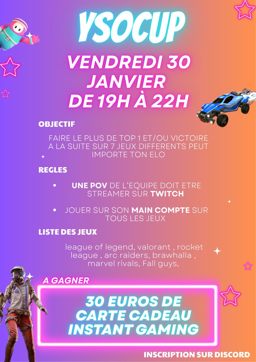 En 2026 je voulais organiser plus de tournoi et de compétition ! 🎖️

Voici la première de l'année en format GAMING GAUNTLET CHALLENGE sur 7 jeux différents ! 

Règlements et inscription sur discord : discord.gg/2YqqtHPr 

Bonne chance ! 💙