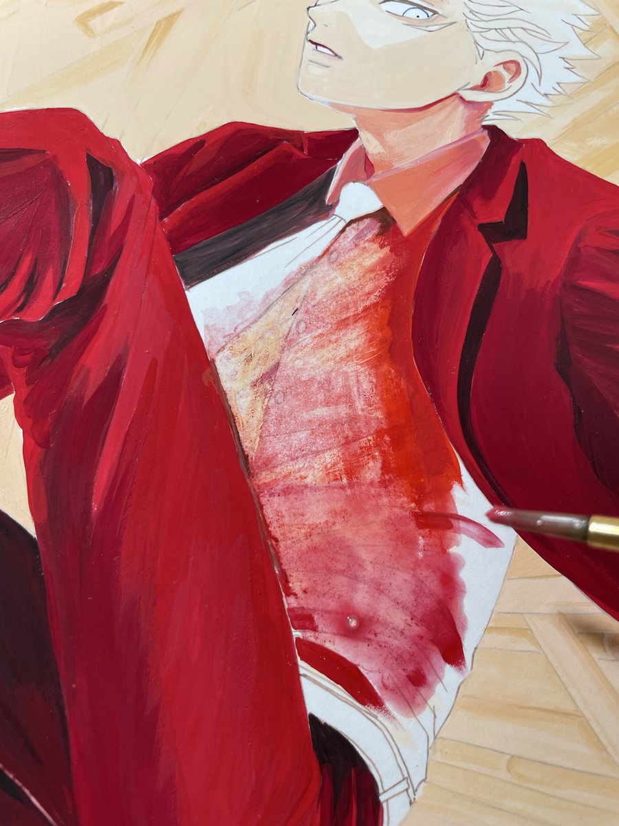 🎍あけましておめでとうございます🎍
今年もどうぞよろしくお願い致します🌅

シャツの色がイマイチで硬い筆で削り取ったんですが、この効果が綺麗でちょっと面白いなと思ったので、背景に使おうと考えています🤩
こういうのがあるので失敗するのも無駄じゃないですね😆