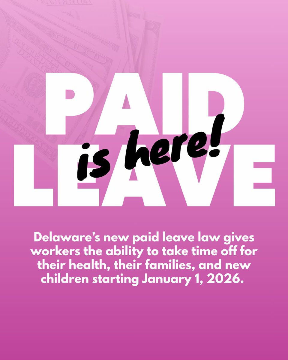 Today is the day! Paid leave is now LAW in Delaware! If you:

✔️ Are pregnant or have a new baby
✔️ Have a serious health issue or are caring for a loved one who does
✔️ Have a spouse deploying overseas

You may be eligible for Delaware Paid Leave. Visit de.gov/paidleave.