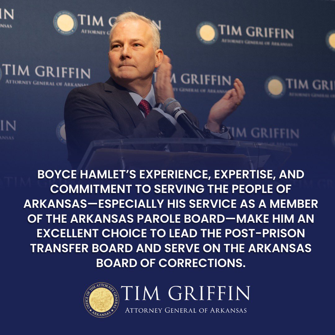 I applaud Governor @sarahhuckabee Sanders’s appointment of <a href="/BoyceHamlet/">Boyce Hamlet</a> as Chairman of the Post-Prison Transfer Board. After many years of proven leadership in law enforcement and state government, Boyce joined my office in March 2023 as a special agent in our Medicaid Fraud