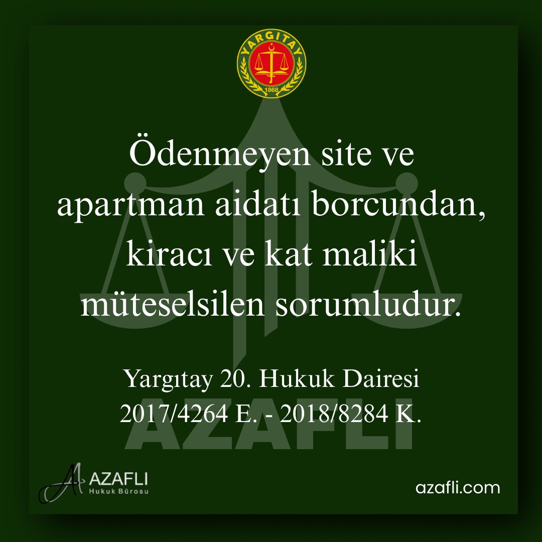 Ödenmeyen site ve apartman aidatı borcundan, kiracı ve kat maliki müteselsilen sorumludur.

Yargıtay 20. Hukuk Dairesi
2017/4264 E. - 2018/8284 K.
#hukuk #yargıtay #yargıtaykararları #emsal #emsalkarar #güncel #kira #kiracı