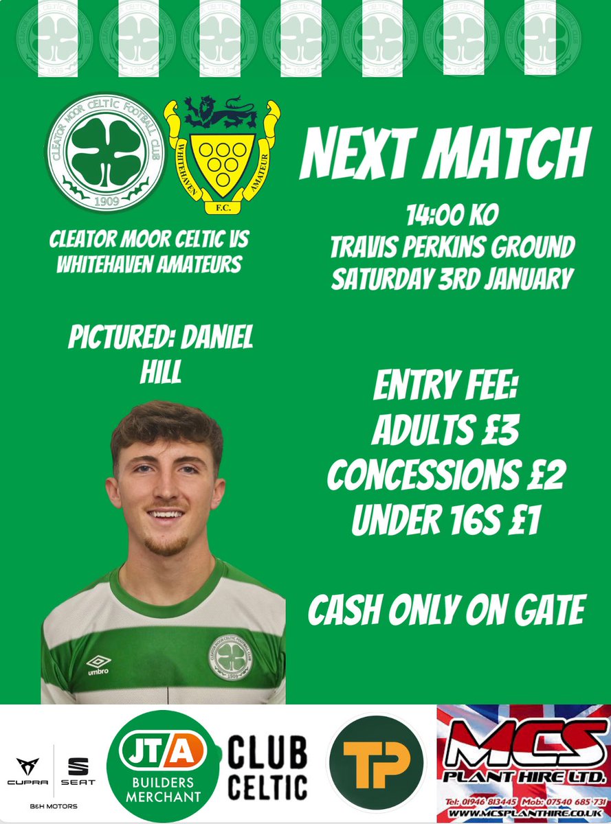 CMCelticFC's tweet image. This weekend sees our first game of 2026 and it’s none other than local rivals Whitehaven Amateurs. Club open from 12. Kick off at 2. Your support would be greatly appreciated as we look to start the new year with a win💚