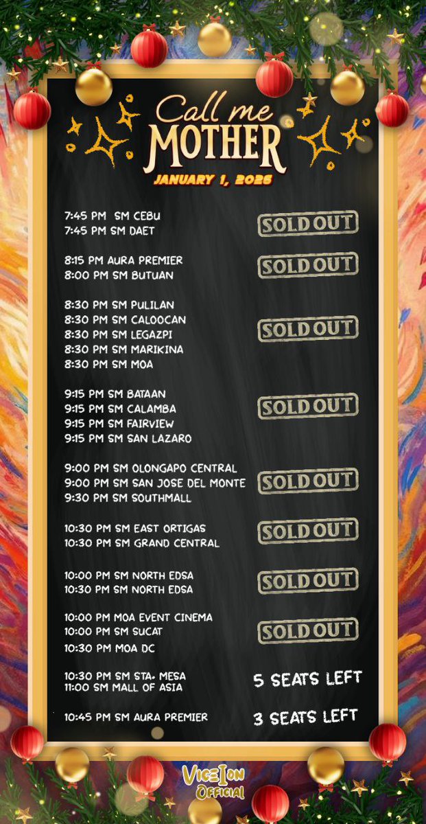 ViceIonOFC's tweet image. [01.01.26] Sold-out screenings update for Call Me Mother! ✨️

Note: We only started tracking at 7:30 pm onwards. 

#ViceGanda | #CallMeMother | #NadineLustre