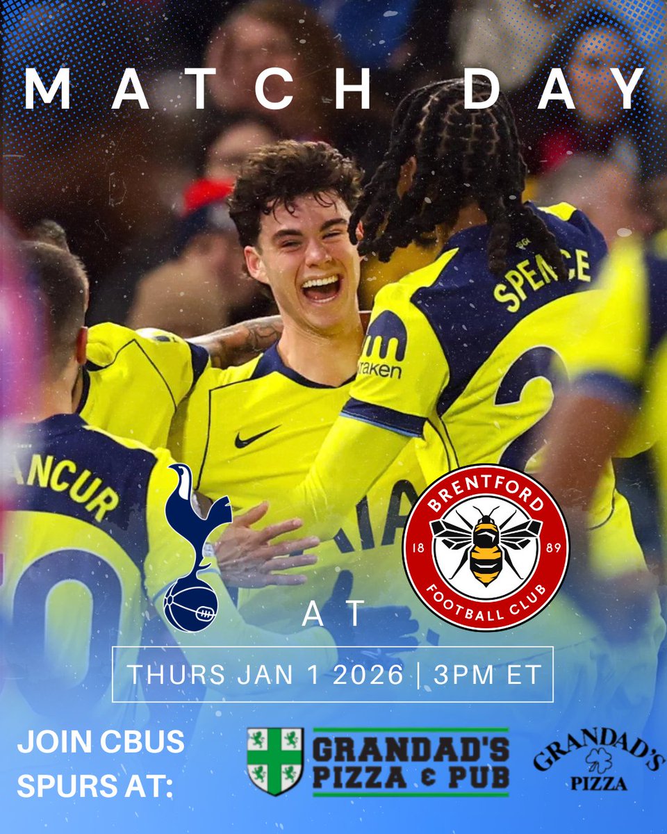Happy New Year! We’re back at it this afternoon! Grandad’s will be open and will have pizza and drinks ready for you as we kick off the 2026 leg of the season against Thomas Frank’s old club.

🆚 Brentford
📅 Thursday, January 1st
🕒 3pm ET
🍻 Grandad's Hilliard

#coys #THFC