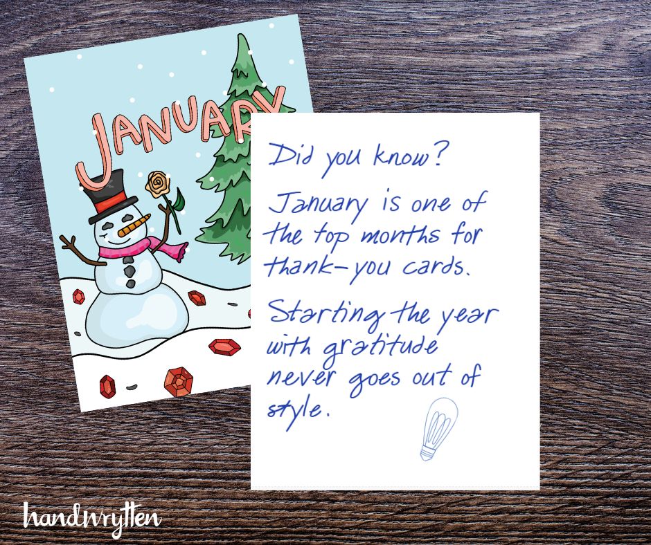 January is peak thank-you card season.
Make yours stand out — we’ll handwrite and mail them for you. ✍️📬

#ThankYouCards #Handwrytten #CustomerOutreach #StartTheYearRight #MarketingTips #LeadGeneration #ClientRetention #CustomerSuccess