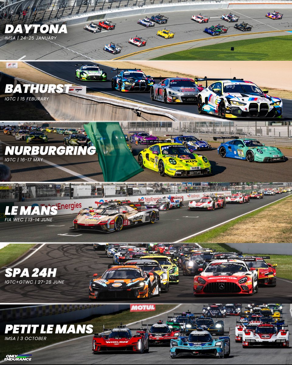 onlyendurance's tweet image. Comment the race you’re most excited for 💬🏁

🇺🇸 Rolex 24 at Daytona
🇦🇺 Bathurst 12H
🇩🇪 Nürburgring 24H
🇫🇷 24H Le Mans
🇧🇪 Spa 24H
🇺🇸 Petit Le Mans
🌍 Something else?!

We're just days away from the 2026 season kicking off, and we're set for another epic year of sportscar racing!