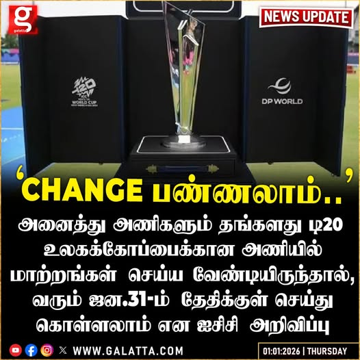 galattadotcom's tweet photo. டி20 உலகக்கோப்பை அணியில் மாற்றம் செய்ய ஐசிசி அனுமதி!
#T20 #Worldcup #Jan31st #ICC #Squad #Changes https://t.co/nFQpzN8qHh
