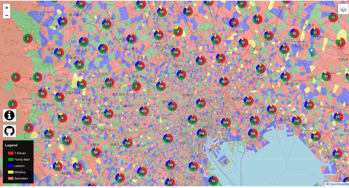 conbiniboys's tweet image. Someone — God bless them! — made an interactive map showing every conbini across Japan and color-coded by territory so you can see who dominates where. 

conbini.kikkia.dev
