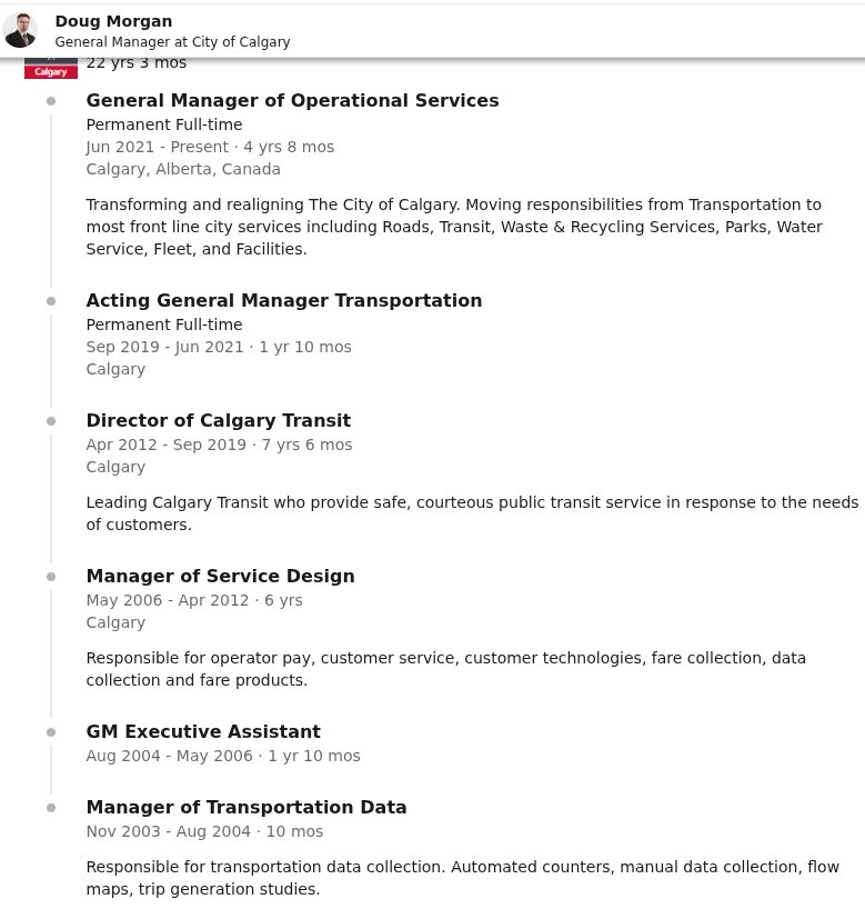 BarberraBarker's tweet photo. Here is a perfect example of how the City works, or in this case, not really. The guy currently overseeing Water Services got his start with the City collecting trip data for Calgary Transit. I’m sure he’s a nice guy but nowhere in his Linkedin profile do I see an engineering background. These are the people making the final decisions on our critical infrastructure. 🤨