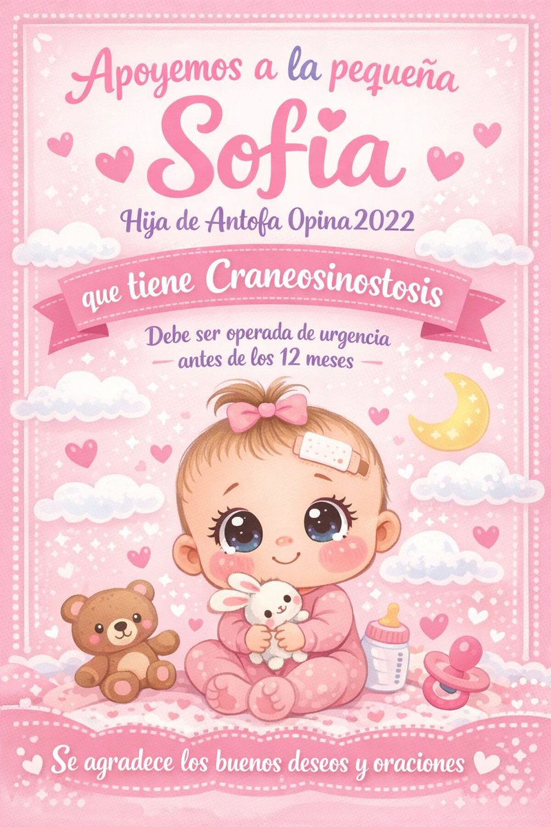 Gracias por sus oraciones y apoyo.
Gracias por la contención
Quise subir este post
Porque son muchas las personas que me han manifestado su empatía.
Para que Sofía pueda ser operada antes de los,12meses .
Si me estimas si leíste alguna vez  porfa dale RT 
Para máxima difusión.🙏🏼