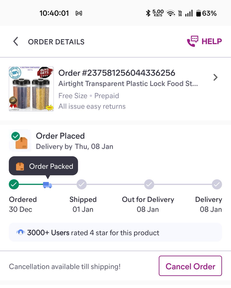 Cryptoholic077's tweet photo. My order is stuck on "Order Packed" status. 
Last time my 4 order were stuck like this then got canceled after 7 days. Please help i don't want same thing happen again. 
Order id :237581256044336256
 @Meesho_Official @meesho_support https://t.co/l6E9SS95pE