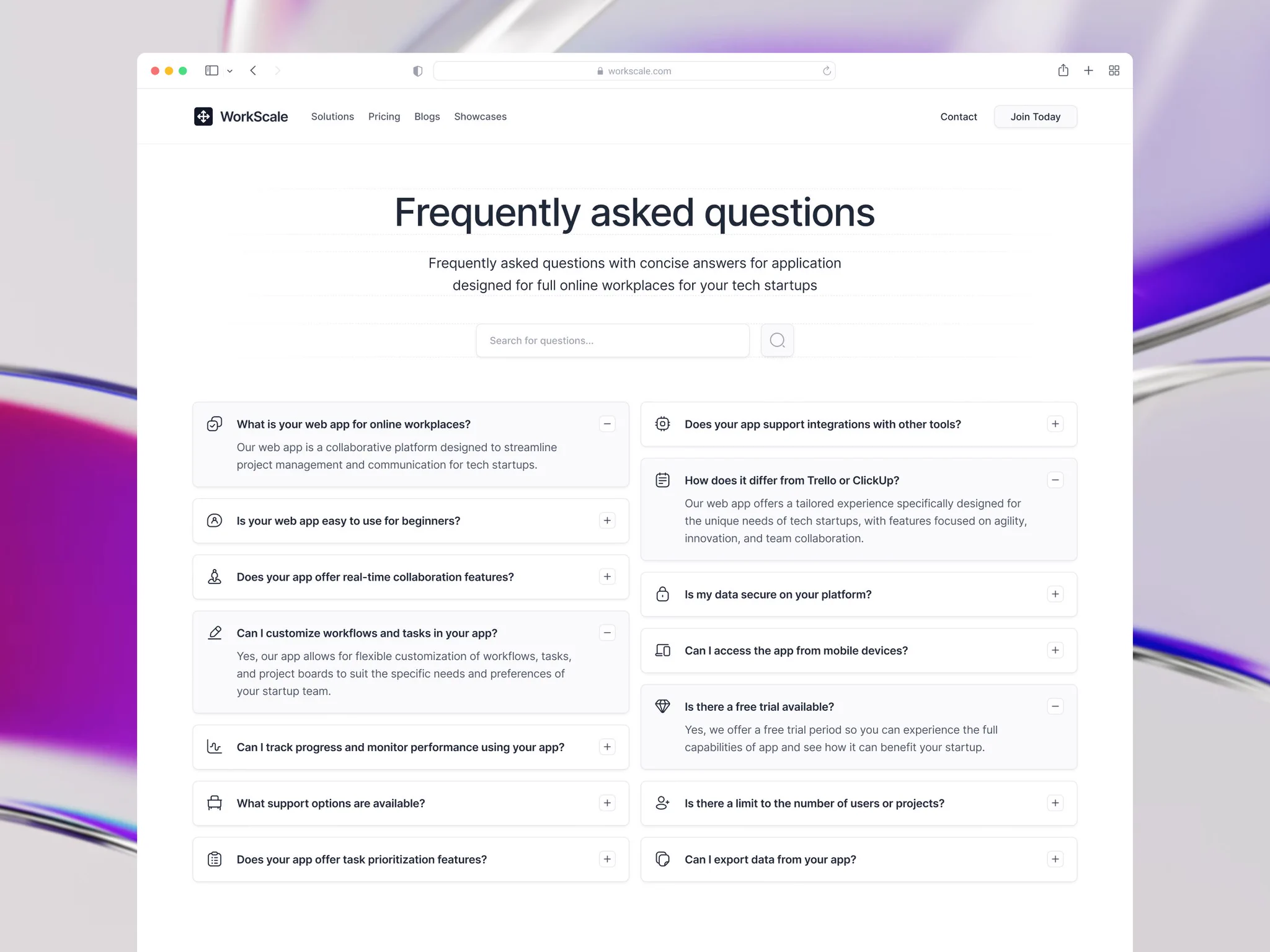 SaaS 랜딩 FAQ 페이지 — 2단 아코디언 그리드