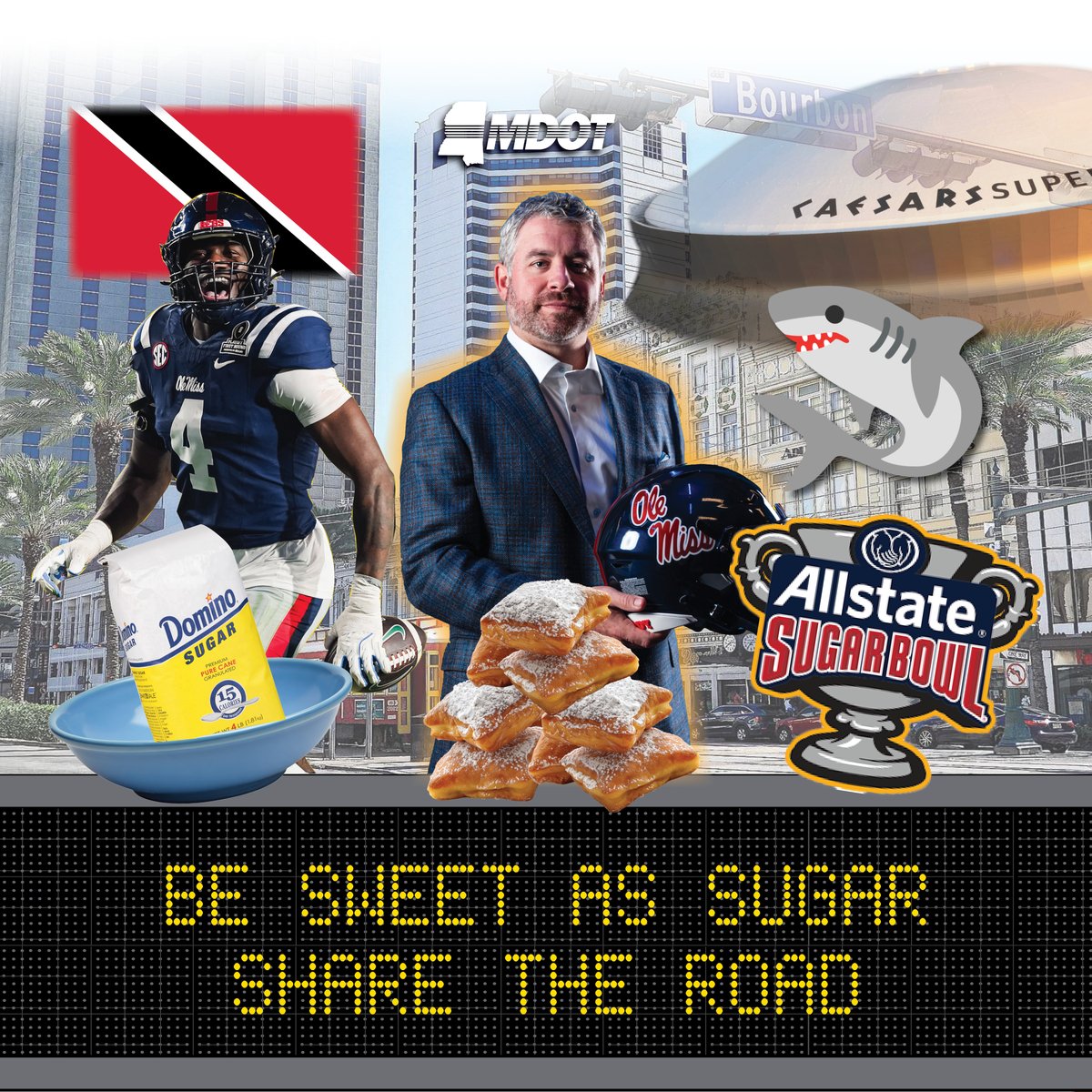 MississippiDOT's tweet image. For Pete's sake🦈, take it easy on the road to The Big Easy! 

If you're headed to see @OleMissFB🔴🔵 vs. @GeorgiaFootball in tonight's @SugarBowlNola, ditch the distractions, slow down and be patient as there will be many Rebs and Dawgs en route to NOLA.

#SugarBowl #HottyToddy