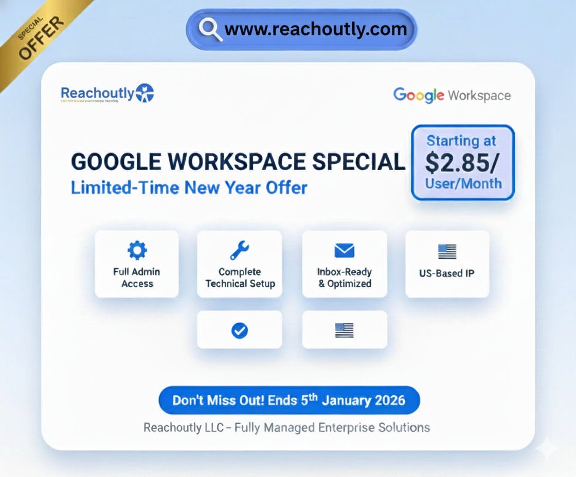 Monir_Hossen_29's tweet photo. New year. Higher standards.
In 2026, winning teams focus on clean infrastructure and execution—not noise.
To kick things off, Reachoutly is offering Google Workspace at just $2.85 per inbox/month for a limited New Year window.
Same Google. Better setup. Lower cost.
#Cold_Email https://t.co/VCfXelAfJD
