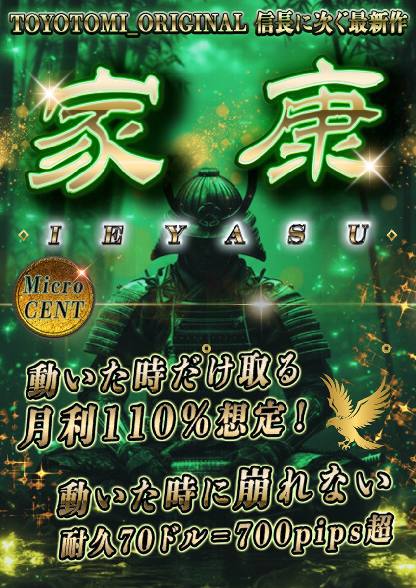 最新EA⚔️家康
月利110%想定／耐久70ドル超🏯

✔ 無駄ポジなし
✔ 明確な方向だけエントリー
✔ トレンドでも崩れにくい広め間隔
✔ 利確後の利益追従でコツコツ積み上げ
✔ Micro/Cent対応
シンプルで小資金でも扱いやすいモデルです💴

FX自動売買【toyotomi】
line.me/ti/g2/svpzhy8e…
#自動売買